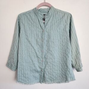 Woolrich Teal Color Button Down Mock Neck Raw Hem Women's Shirt  Size M